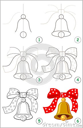 Page shows how to learn step by step to draw a cute bell with a bow. Developing children skills for drawing and coloring. Vector Illustration