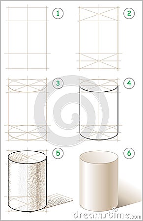 Page shows how to learn step by step to draw cylinder. Vector Illustration