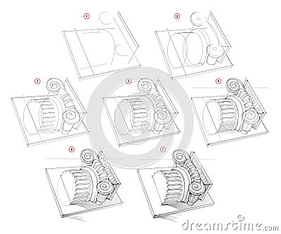 Page shows how to learn to draw sketch of Ionic column. Creation step by step pencil drawing. Educational page for artists. Vector Illustration