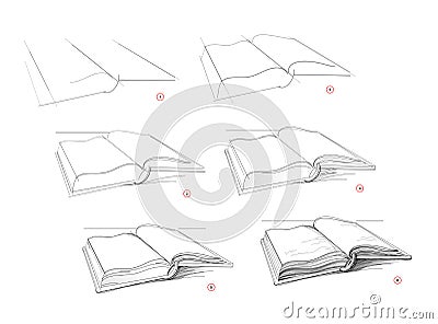 Page shows how to learn to draw sketch of old open book in perspective. Creation step by step pencil drawing. Educational page for Vector Illustration
