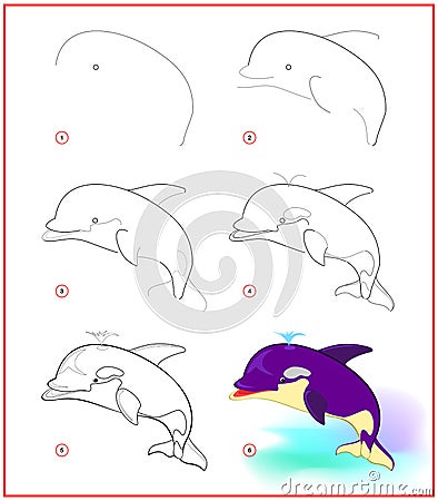 Page shows how to learn to draw step by step cute killer whale. Developing children skills for drawing and coloring. Printable Vector Illustration