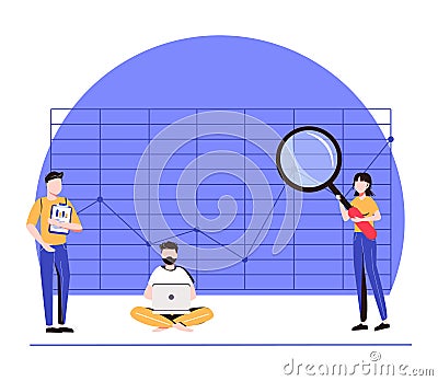 Page template with man and woman with magnifying glass analyzing diagrams and graphs. Concept of statistical or financial data Cartoon Illustration