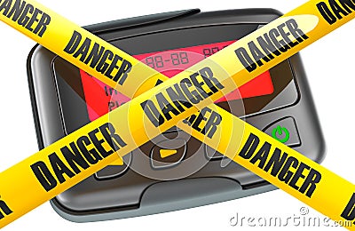 Pager attack, pager explosions, concept. Pager with danger barrier tapes. 3D rendering Stock Photo