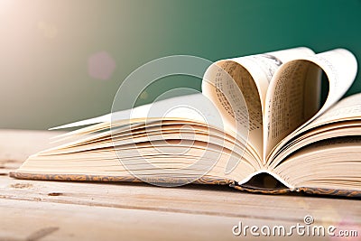 The pages of a book in front of the blackboard are folded into hearts Stock Photo