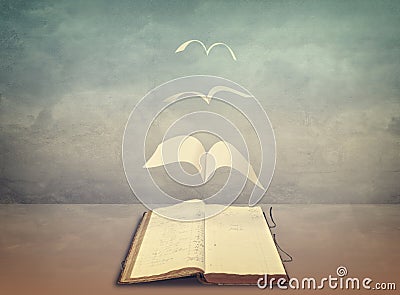 Pages Flying Out of Old Book - Wisdom - Freedom in Knowledge Stock Photo