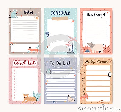 Pages templates set for cute kids planner, diary. Scandinavian-styled to-do lists, checklists, notes, schedule, plan Vector Illustration