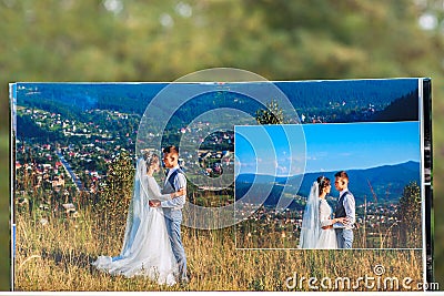 Pages of wedding photobook or wedding album on green background Stock Photo