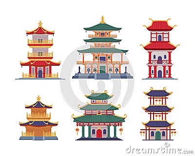 Pagoda as Chinese Tiered Tower with Multiple Eaves and Traditional Building Vector Illustration Set Vector Illustration