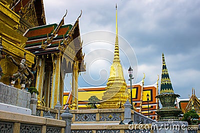 Pagoda of Buddhist temple in Bangkok in cloudy day Stock Photo