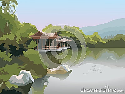 Pagoda on the lake shore, vector Vector Illustration