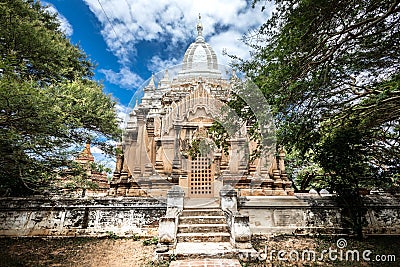 Pagoda in Mandalay region. Old Bagan. Blue sky with clouds. Stock Photo