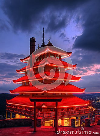 Pagoda Overlooking City of Reading, PA at Night Stock Photo