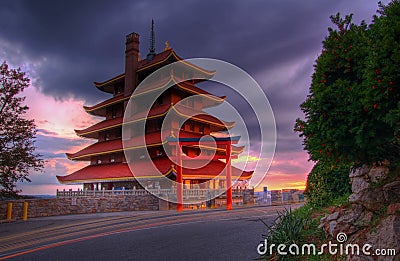 Pagoda Overlooking City of Reading, PA at Sunset. Stock Photo