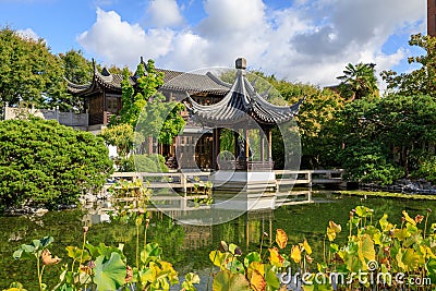 Pagoda reflecting in a pond at the Lan Su Chinese Garden, in Portland Stock Photo