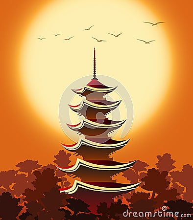 Pagoda at Sunset Vector Illustration