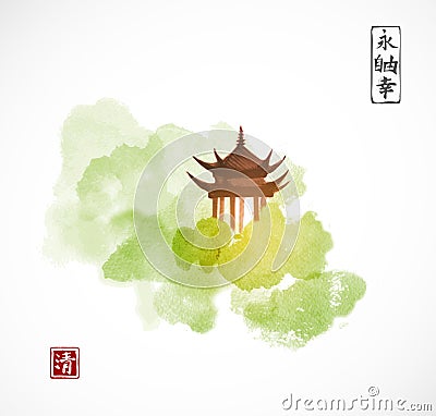 Pagoda temple and green forest trees on white background. Traditional oriental ink painting sumi-e, u-sin, go-hua Vector Illustration