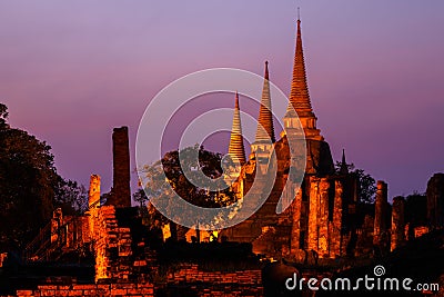 Pagoda at wat phra sri sanphet temple at twilight, Ayutthaya Stock Photo