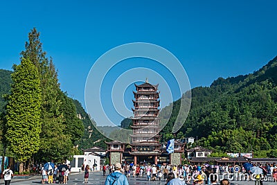 Pagoda at Wulingyuan entrance to the Zhangjiajie national park Editorial Stock Photo