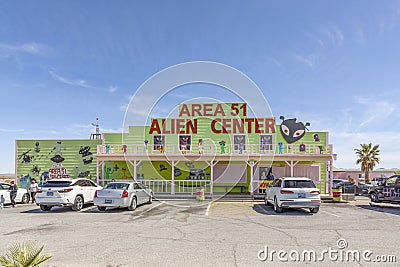 Area 51 Alien Center convience store and gas station on highway from Vegas to Death Valley with alien decor Editorial Stock Photo