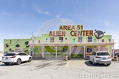 Area 51 Alien Center convience store and gas station on highway from Vegas to Death Valley with alien decor Editorial Stock Photo