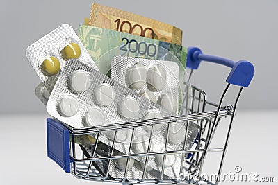 Paid medicine. To buy medicines. Tenge. Kazakhstan. Health system. Economy. Medications for treatment. Medical expenses, expensive Stock Photo