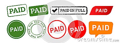 paid rectangle circle stamp and speech bubble label sticker sign confirmed paid in full granted Stock Photo