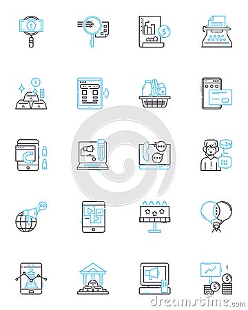 Paid search linear icons set. PPC, AdWords, SEM, BingAds, Cost-per-click, Displayads, Keyword line vector and concept Vector Illustration