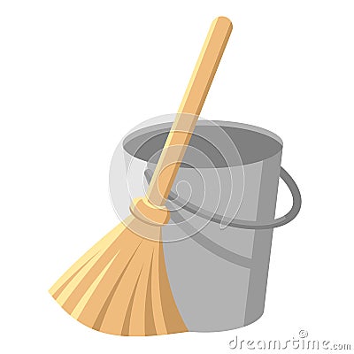 Pail with handle and besom with stick. Bucket and broom. Housework tools for cleaning garbage. Cleaning service elements Vector Illustration