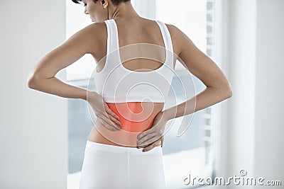 Pain. Beautiful Female Having Painful Feeling In Back, Backache Stock Photo