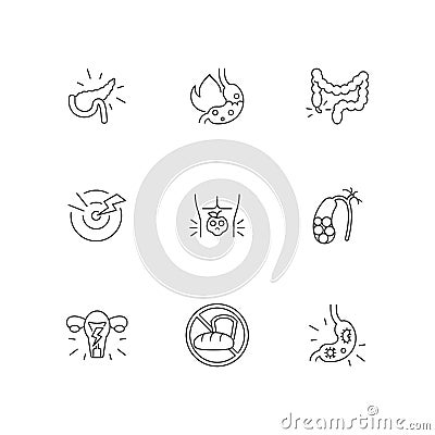 Pain in belly linear icons set Vector Illustration