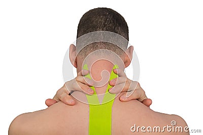 For pain in the cervical vertebrae and trapezoidal muscle, the athlete pasted a fixing tape to relieve spasms Stock Photo