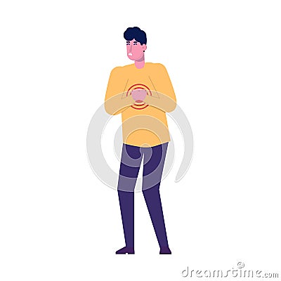 Pain in the chest. Young man with strong heart attack. Vector Illustration