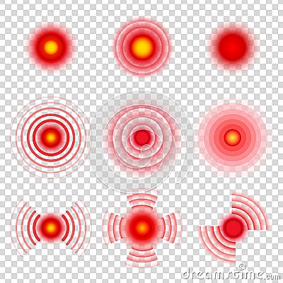 Pain circles. Body painful spot marks. Medical therapy migraine painkiller vector icons Vector Illustration