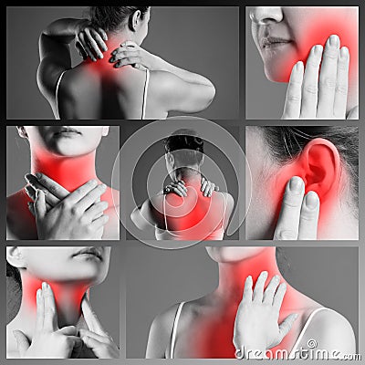 Pain in different woman`s body parts, chronic diseases of the female body, collage of several photos Stock Photo