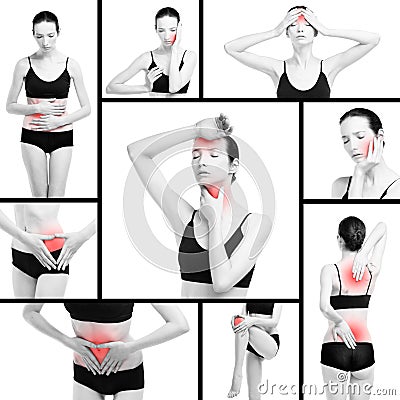 Pain in different woman`s body parts, chronic diseases of the female body, collage of several photos Stock Photo