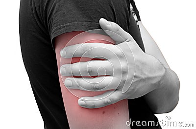 Pain in forearm of a young man, a red spot at the site of inflammation. Horizontal black and white isolated photo, medicine Stock Photo