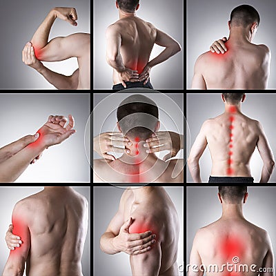 Pain in a man's body. Collage of several photos with red dots Stock Photo