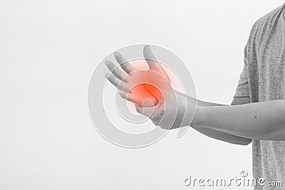 Pain in the palm , Man With Pain in the palm. Healthcare and Medicine Concept Stock Photo