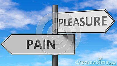 Pain and pleasure as a choice - pictured as words Pain, pleasure on road signs to show that when a person makes decision he can Cartoon Illustration