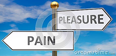 Pain and pleasure as different choices in life - pictured as words Pain, pleasure on road signs pointing at opposite ways to show Cartoon Illustration