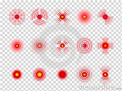 Pain red circle. Painful spots pointing medical muscular concentration on transparent background. Vector icon Vector Illustration