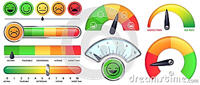 Pain scale meter. Smile and sad emotion measure, no pain and worst pain scales vector set Vector Illustration