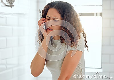 Pain, tooth ache and toothache from poor dental care, gum disease or bad personal hygiene routine in home bathroom Stock Photo