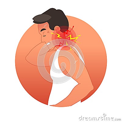 Painful neck concept vector illustration with human torso. Work overload or sports injury. Vector Illustration