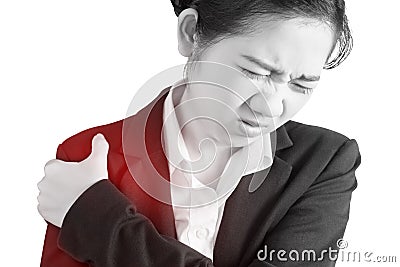 Painful shoulder in a businesswoman isolated on white background. Clipping path on white background. Stock Photo