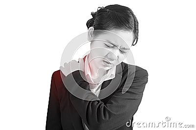 Painful shoulder in a businesswoman isolated on white background. Clipping path on white background. Stock Photo