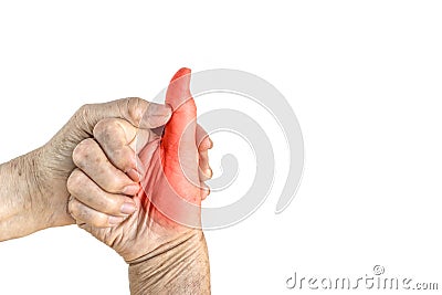 Painful thumb and thenar muscle of the elderly man Stock Photo