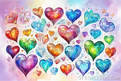 Paining different colorful hearts set. Hand drawn. Generative AI Stock Photo