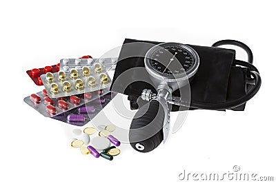 Painkillers with pressure gauge Stock Photo