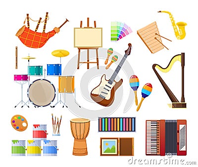 Paint arts tool kit, design artists supplies and classical musical instruments Vector Illustration